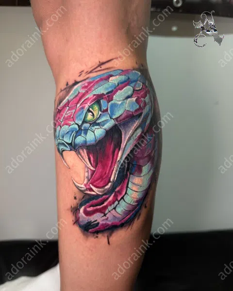 New School tattoo of Vivid Blue & Pink New School Snake Tattoo, Cartoon style new school tattoo, New school tattoo on leg calf