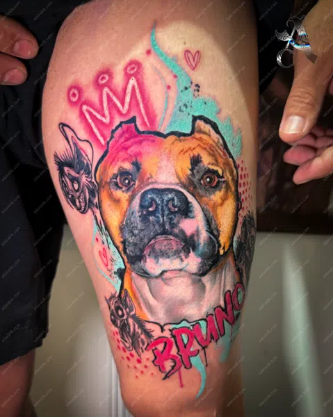 Realism tattoo of Realistic Pitbull Dog Portrait Tattoo, Fine detail realism tattoo studio, Realism tattoo sleeve