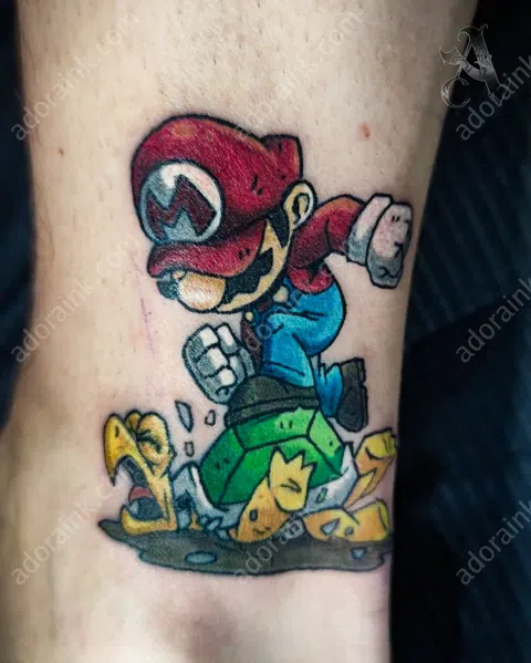 Color tattoo of Super Mario Stomping Koopa Tattoo, Full color tattoo sleeve, Color tattoo aging and fading