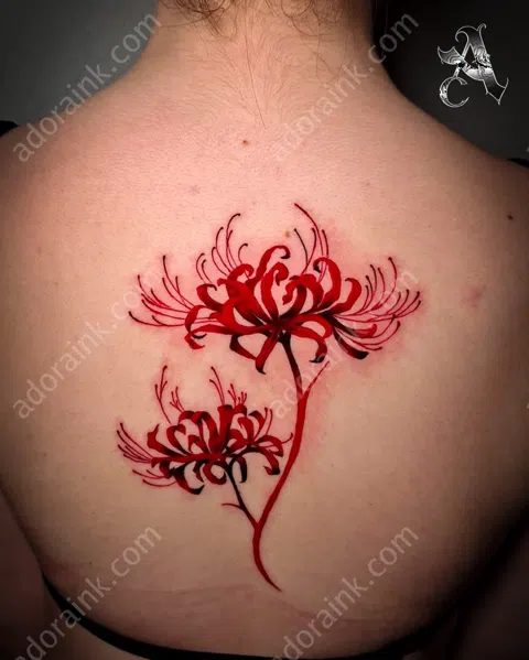 Fineline tattoo of Red Spider Lily Tattoo, Single needle fine line tattoo artist, Fineline tattoo script and lettering