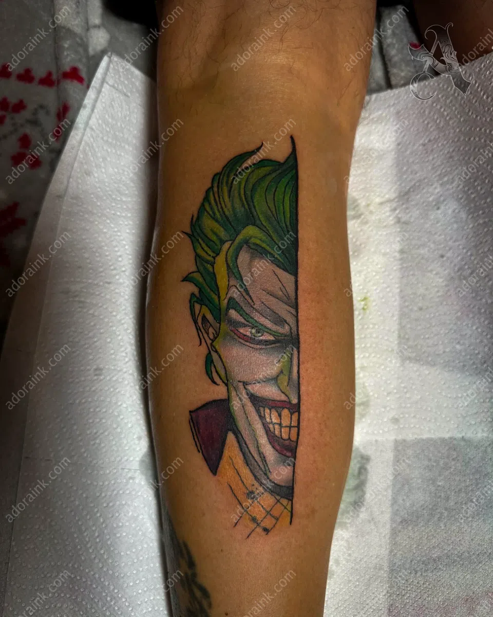 Color tattoo of The Joker Tattoo, Healed color tattoo results, Color tattoo for dark skin