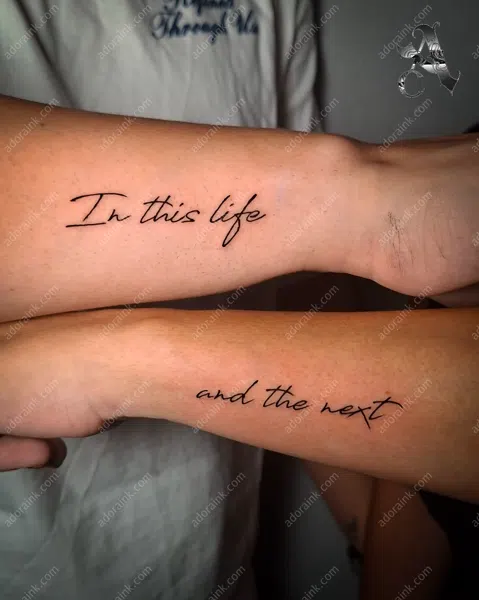 Fineline tattoo of In This Life and the Next” Matching Tattoo, Single needle fine line tattoo artist, Fineline tattoo finger and hand