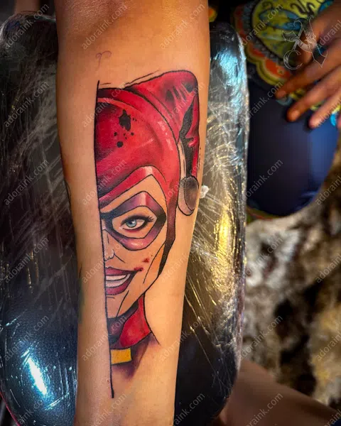 Color tattoo of Harley Quinn Tattoo, Custom color tattoo design, Color tattoo without black outlines