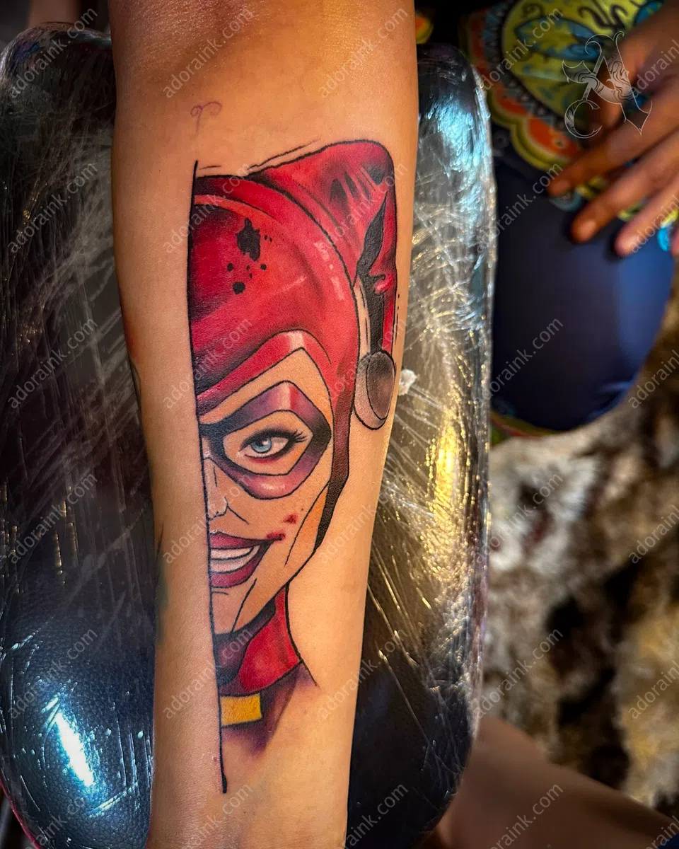 Color tattoo of Harley Quinn Tattoo, Custom color tattoo design, Color tattoo without black outlines