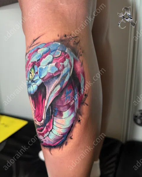 New School tattoo of Vivid Blue & Pink New School Snake Tattoo, Creative ideas for new school tattoos, New school tattoo saturation techniques