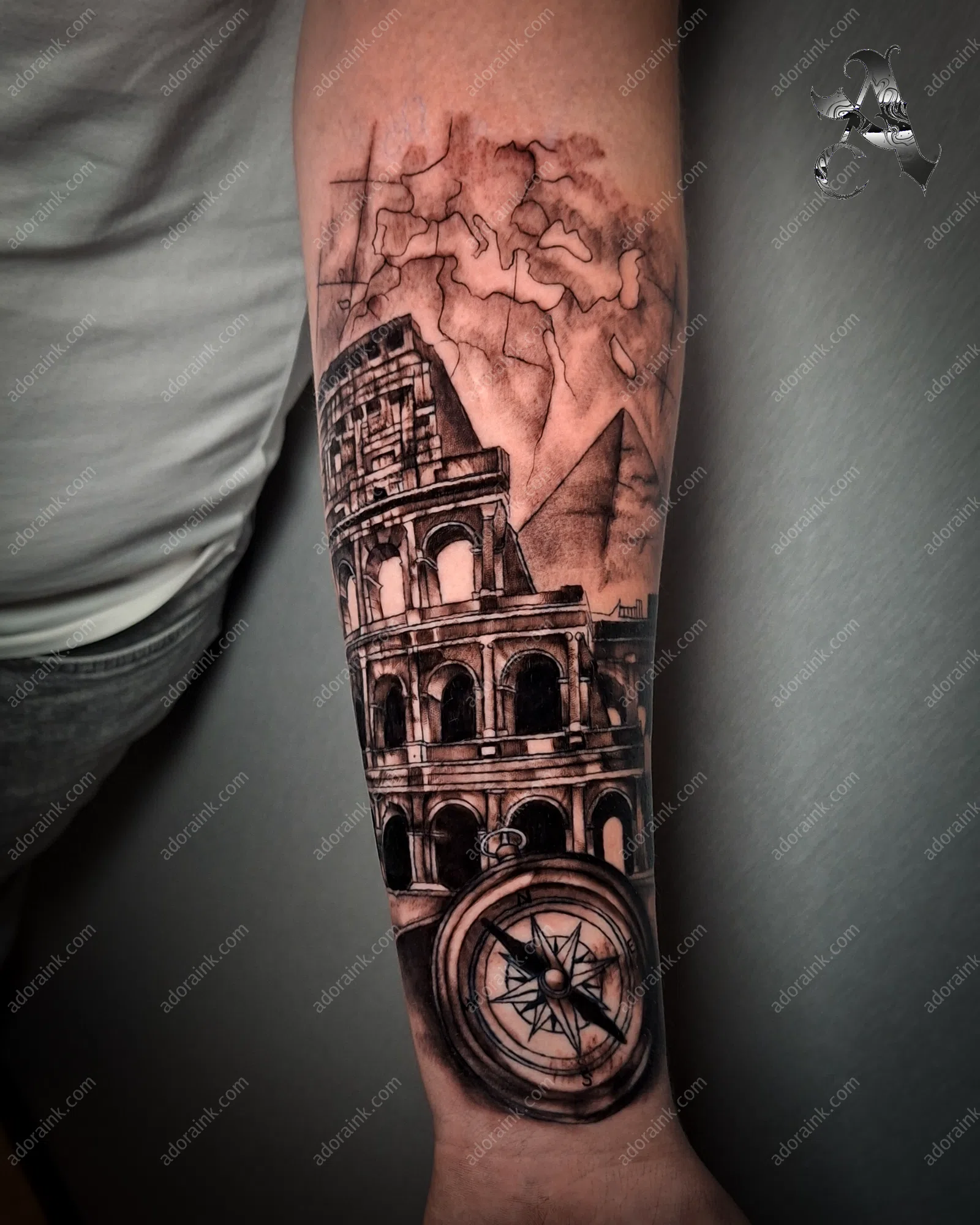 Black and Gray tattoo of Colosseum and Compass Tattoo, Realistic shading black and gray tattoo, Black and gray tattoo animals