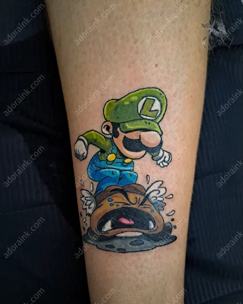 Color tattoo of Luigi Stomping Goomba Tattoo, Custom color tattoo design, Color tattoo healing process
