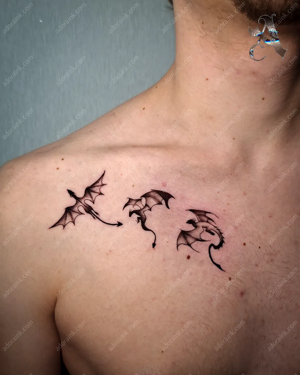 Blackwork tattoo of Dragon Tattoo, Dark art blackwork tattoo studio, Blackwork tattoo chest and collarbone