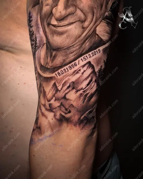 Realism tattoo of Realistic Portrait and Wolf Tattoo, Award winning realism tattoo artist, Realism tattoo full back piece