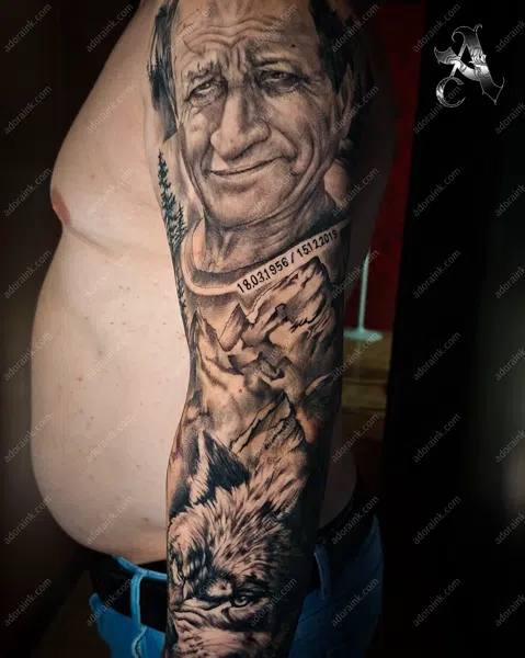 Realism tattoo of Realistic Portrait and Wolf Tattoo, Healed realism tattoo results, Realism tattoo wildlife and animals