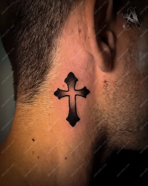 Blackwork tattoo of Blackwork Cross Tattoo, Deep black ink blackwork tattoo, Blackwork tattoo healing without patches