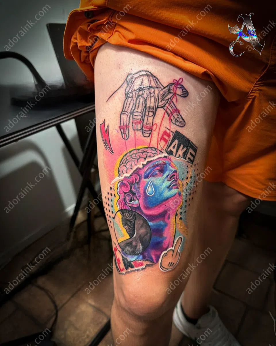 Tatuaje estilo New School de Colorful Greek Statue Tattoo, Mejor estudio para tatuajes new school, Personajes de tatuaje new school