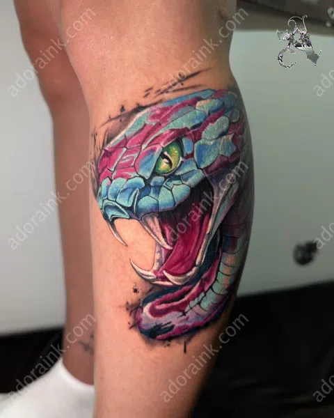 New School tattoo of Vivid Blue & Pink New School Snake Tattoo, Convention winning new school tattoo designs, New school tattoo portfolio showcase