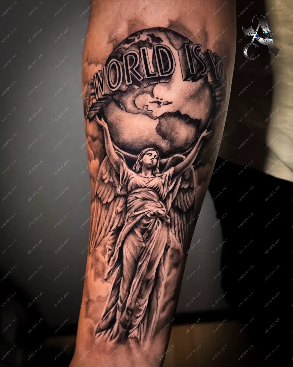 Black and Gray tattoo of The World is mine, Custom portrait black and gray tattoo, Black and gray tattoo chest piece